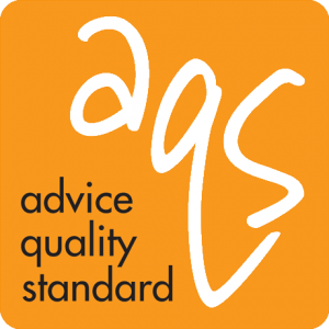 An "Advice Quality Standard" AQS orange and white logo