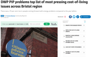 Bristol Post newspaper article - text says "DWP PIP problems top list of most pressing cost-of-living issues across Bristol region"