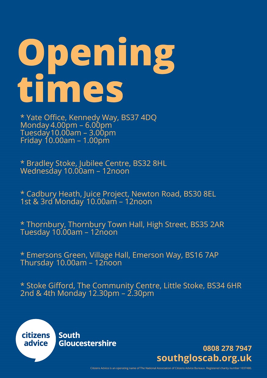 Opening times for Citizens Advice South Gloucestershire graphic.