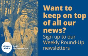 Image shows smiling group discussion and text reads: "Want to keep on top of all our news? Sign up to our Weekly Round-Up newsletters."