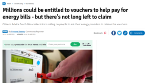 Newspaper cutting - the Bristol Post: "Millions could be entitled to vouchers to help pay energy bills - but there's not long left to claim."