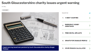 Gazette Series newsppaer cutting - headline says: "South Gloucestershire charity issues urgent warning."