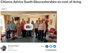 Gazette newspaper cutting. Text says: "Citizens Advice South Gloucestershire on cost-of-living."