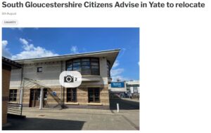Gazette series cutting. Text says: "South Gloucestershire Citizens Advise in Yate to relocate."