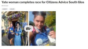 Gazette newspaper cutting. Text says: "Yate woman completes race for Citizens Advice South Glos