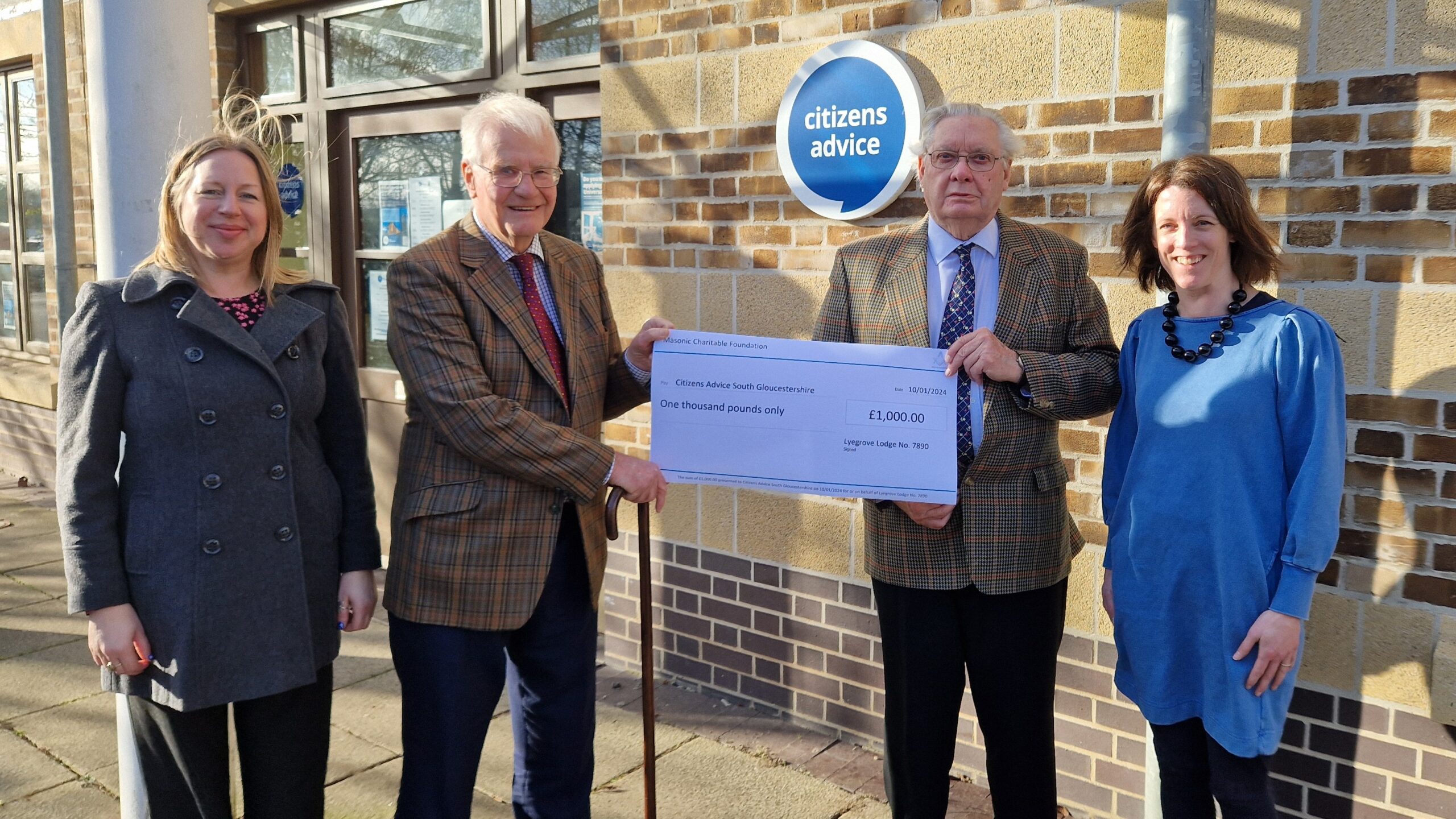 Lyegrove Lodge members Chris Cooper and Roger Tingay presenting a cheque at Citizens Advice South Gloucestershire’s office in Yate, with Development Manager Rebecca Brown and Individual Giving Fundraiser Katie Collier (from L-R: Rebecca Brown, Chris Cooper, Roger Tingay and Katie Collier). Credit: Citizens Advice South Gloucestershire