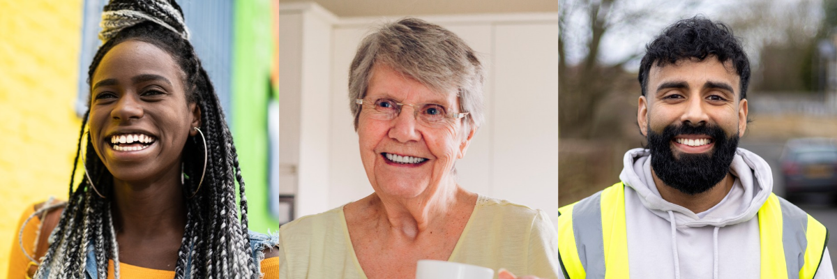 Composite photo - smiling woman, smiling woman, smiling man